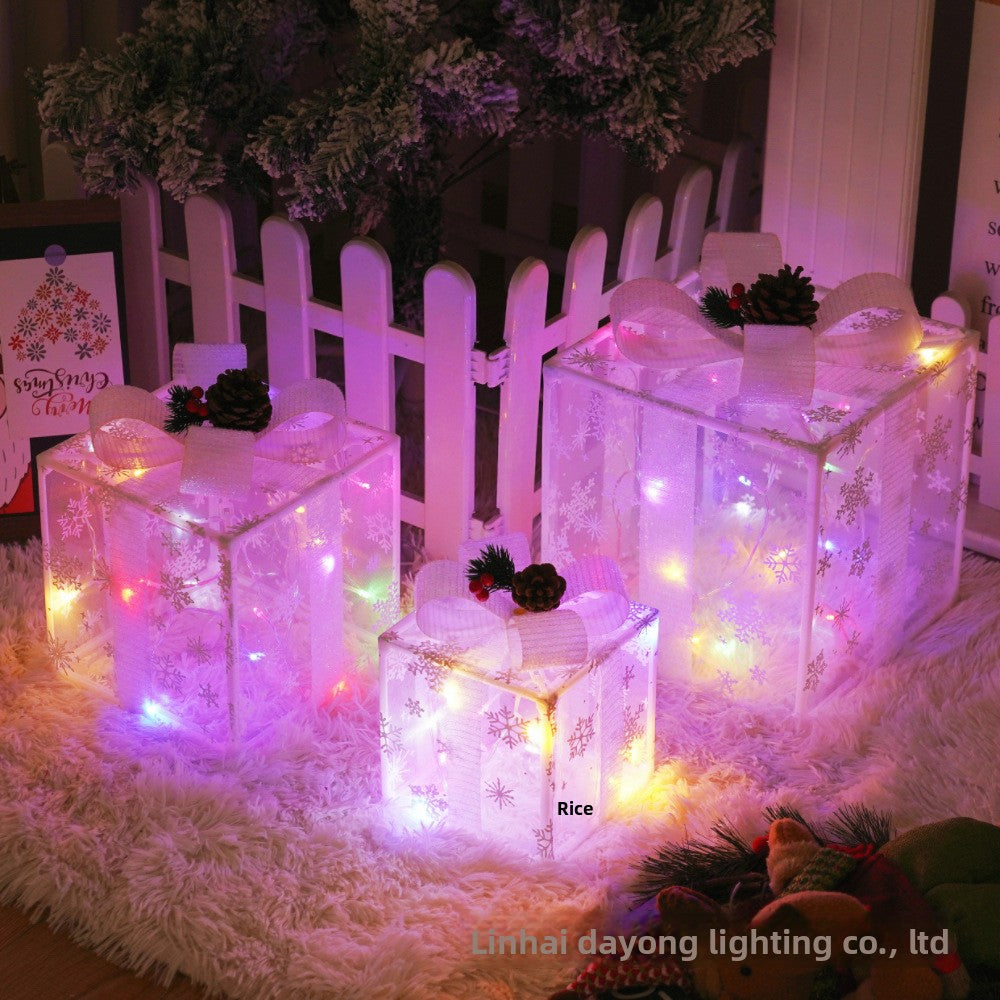 Cross-Border New Christmas Gift Box Three-Piece Set Foldable Glowing LED Light String Props Gift Box Ornament Decoration Light