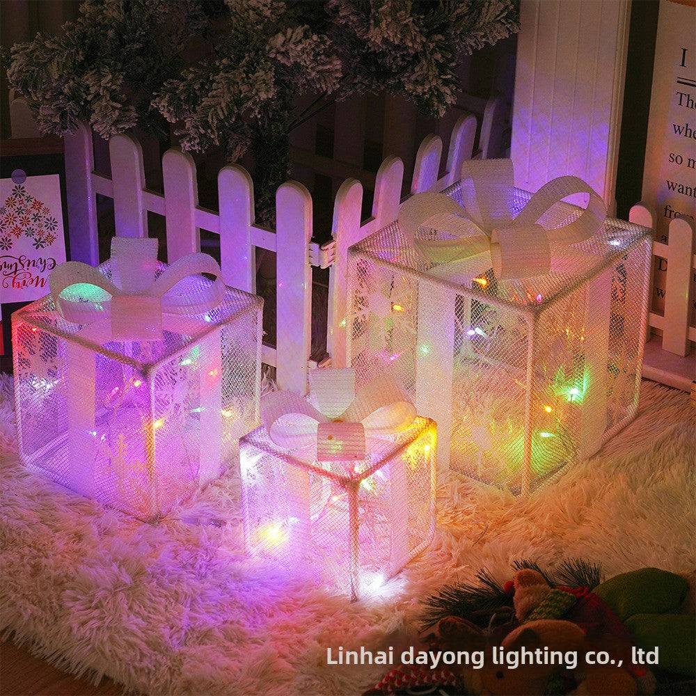 Cross-Border New Christmas Gift Box Three-Piece Set Foldable Glowing LED Light String Props Gift Box Ornament Decoration Light