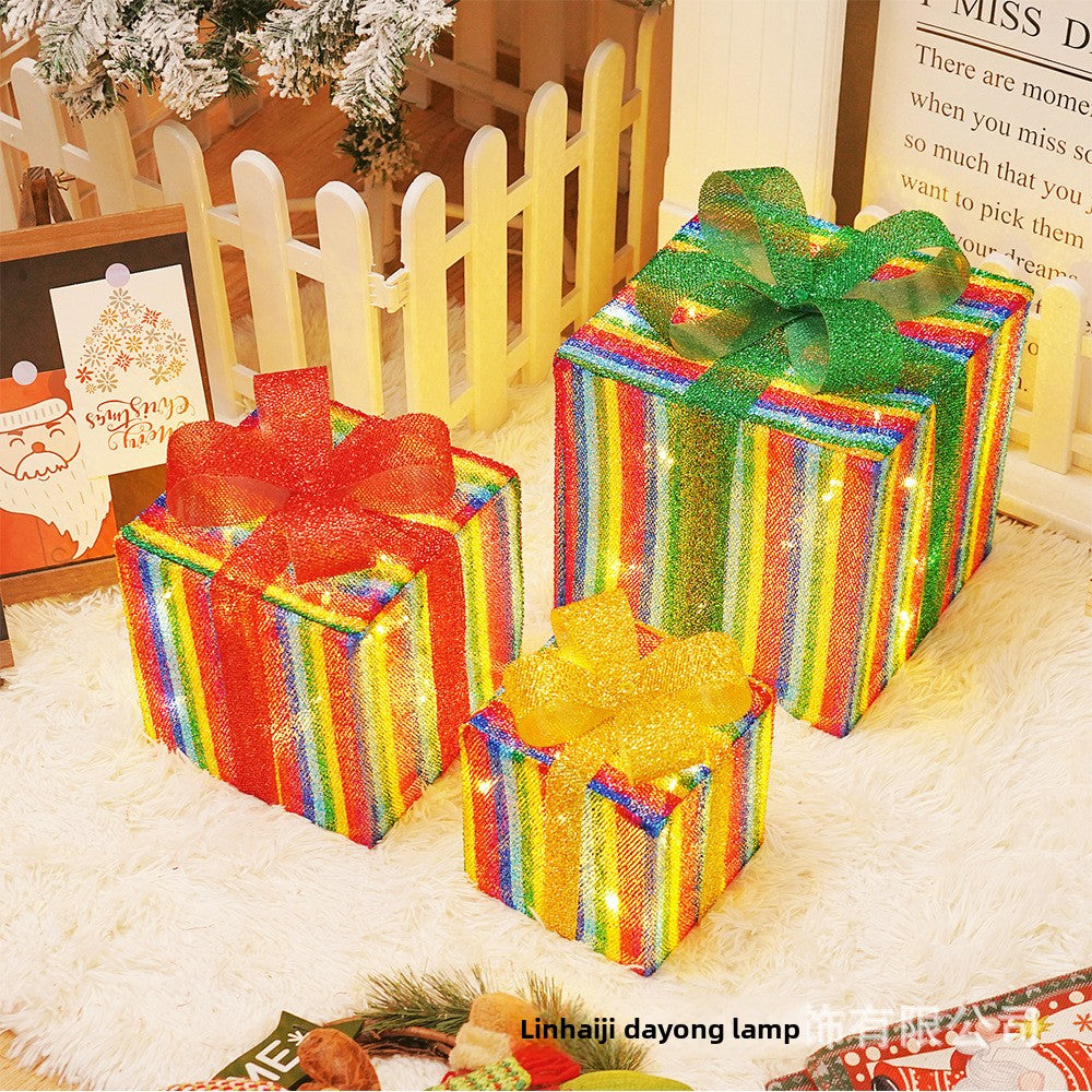 Cross-Border New Christmas Gift Box Three-Piece Set Foldable Glowing LED Light String Props Gift Box Ornament Decoration Light