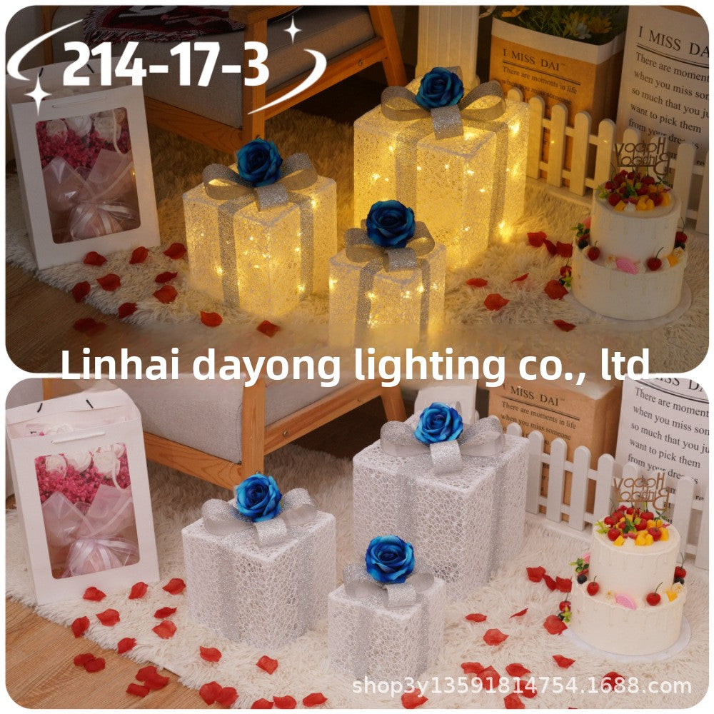 Cross-Border New Christmas Gift Box Three-Piece Set Foldable Glowing LED Light String Props Gift Box Ornament Decoration Light
