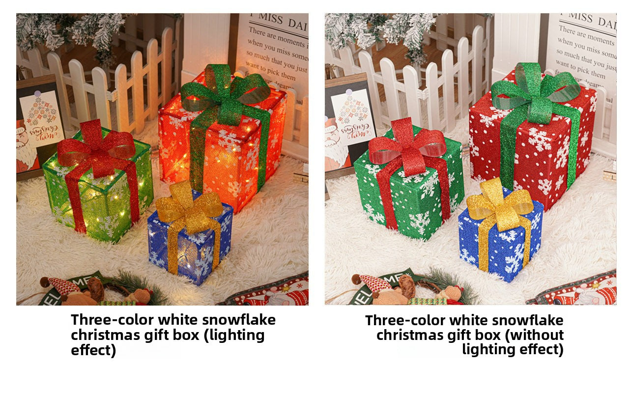 Cross-Border New Christmas Gift Box Three-Piece Set Foldable Glowing LED Light String Props Gift Box Ornament Decoration Light