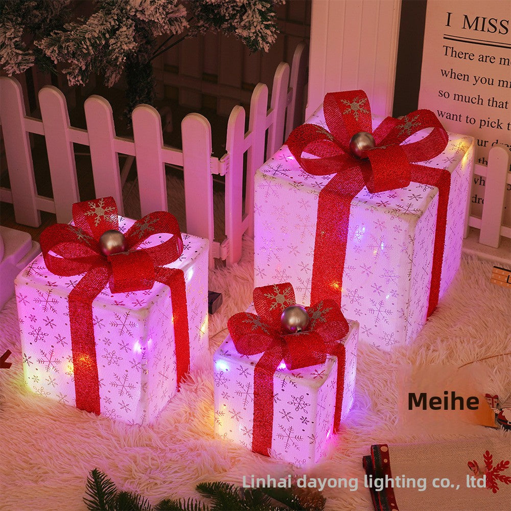 Cross-Border New Christmas Gift Box Three-Piece Set Foldable Glowing LED Light String Props Gift Box Ornament Decoration Light