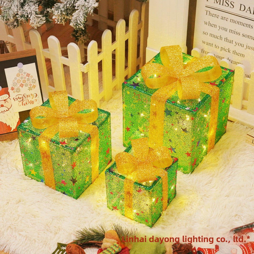 Cross-Border New Christmas Gift Box Three-Piece Set Foldable Glowing LED Light String Props Gift Box Ornament Decoration Light