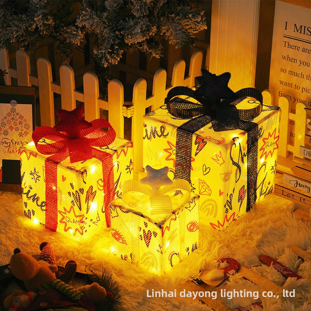 Cross-Border New Christmas Gift Box Three-Piece Set Foldable Glowing LED Light String Props Gift Box Ornament Decoration Light