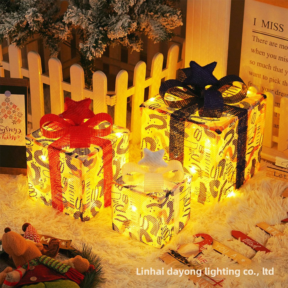 Cross-Border New Christmas Gift Box Three-Piece Set Foldable Glowing LED Light String Props Gift Box Ornament Decoration Light