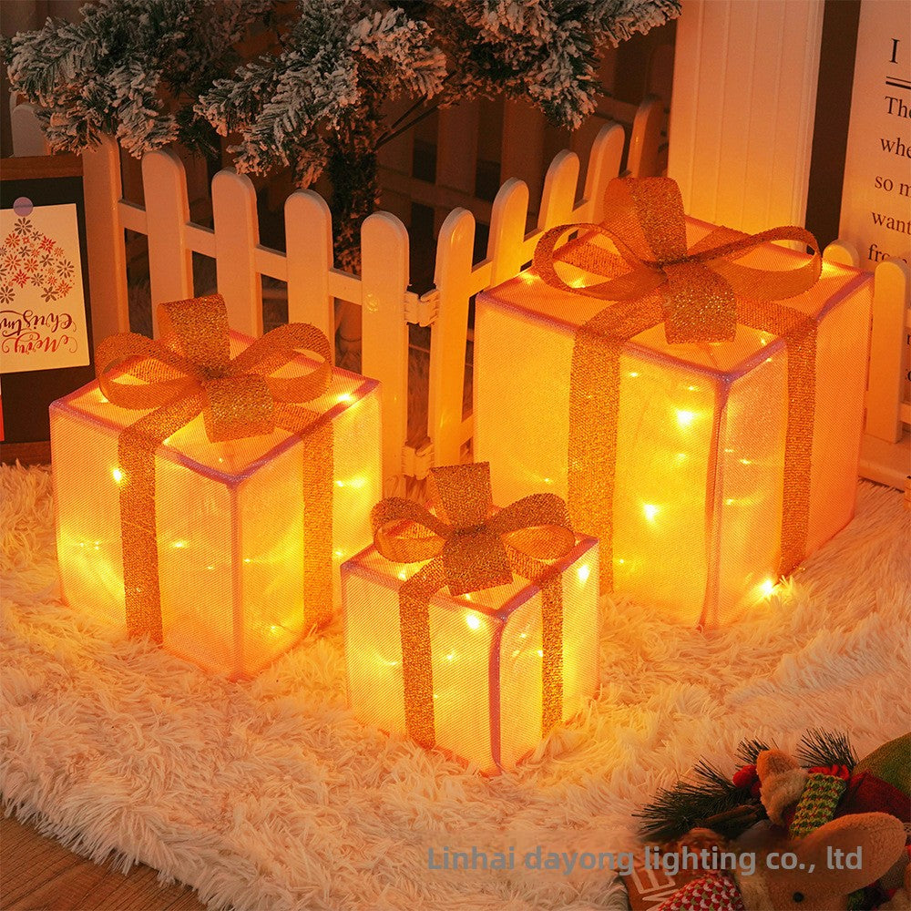 Cross-Border New Christmas Gift Box Three-Piece Set Foldable Glowing LED Light String Props Gift Box Ornament Decoration Light