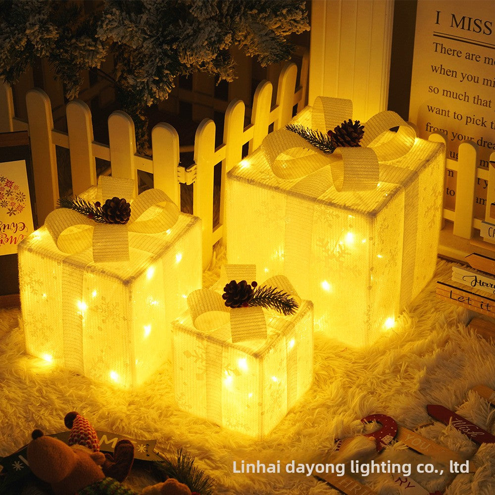Cross-Border New Christmas Gift Box Three-Piece Set Foldable Glowing LED Light String Props Gift Box Ornament Decoration Light