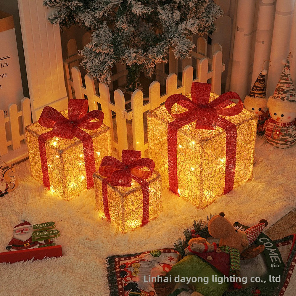 Cross-Border New Christmas Gift Box Three-Piece Set Foldable Glowing LED Light String Props Gift Box Ornament Decoration Light