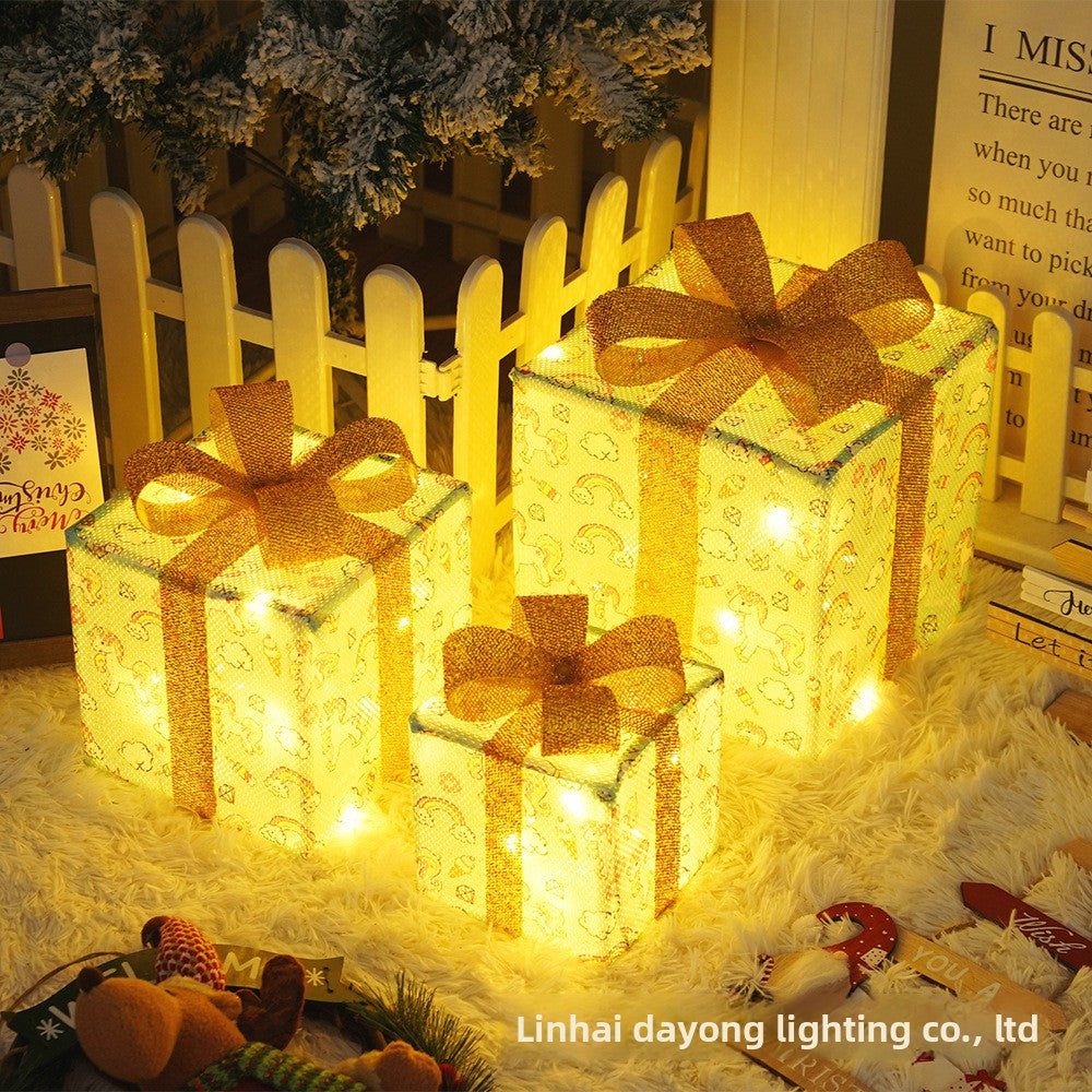 Cross-Border New Christmas Gift Box Three-Piece Set Foldable Glowing LED Light String Props Gift Box Ornament Decoration Light