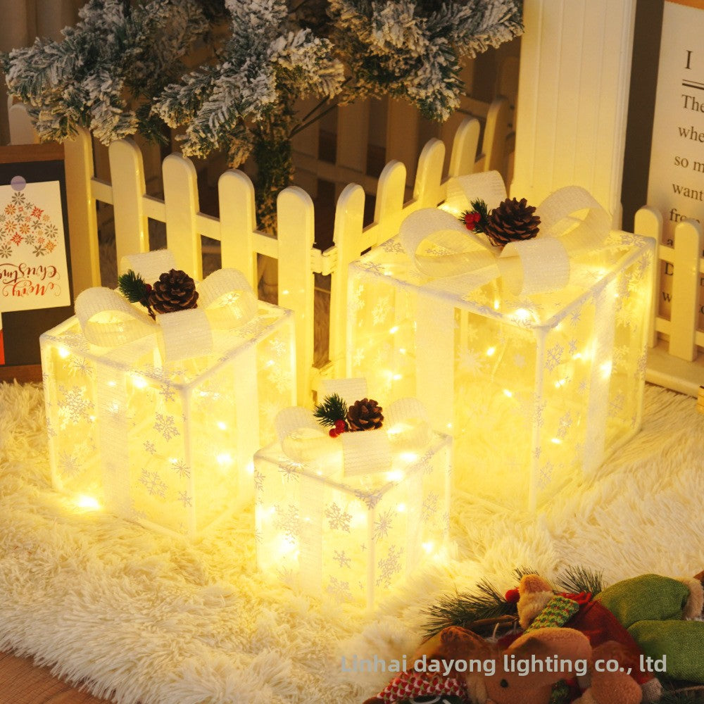 Cross-Border New Christmas Gift Box Three-Piece Set Foldable Glowing LED Light String Props Gift Box Ornament Decoration Light