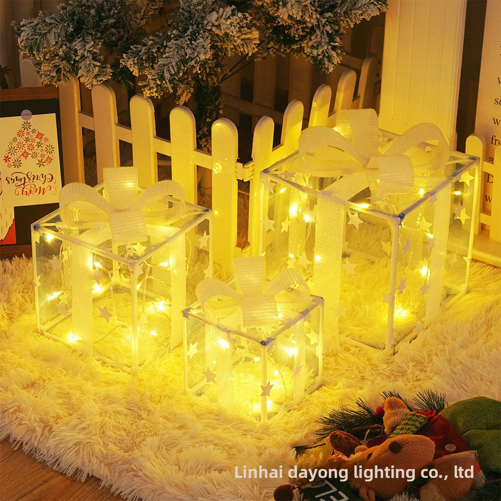 Cross-Border New Christmas Gift Box Three-Piece Set Foldable Glowing LED Light String Props Gift Box Ornament Decoration Light