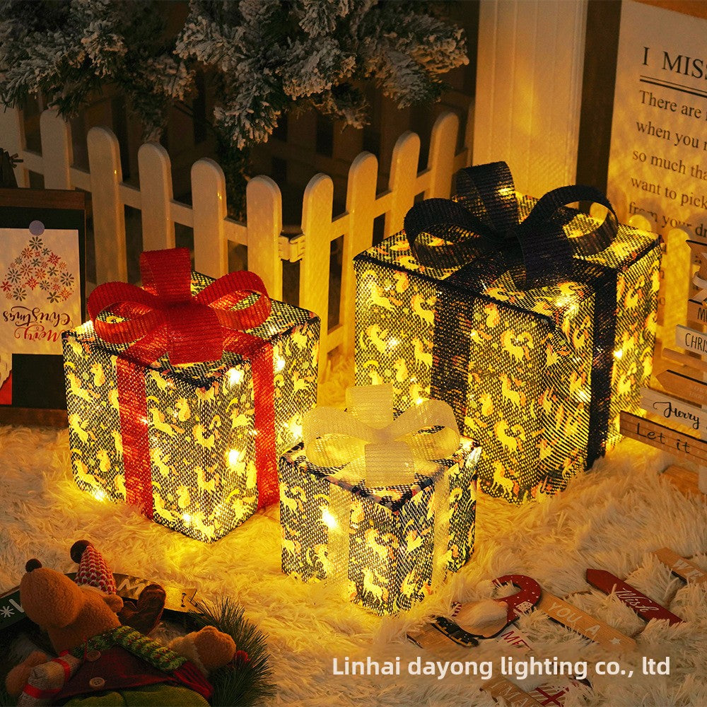 Cross-Border New Christmas Gift Box Three-Piece Set Foldable Glowing LED Light String Props Gift Box Ornament Decoration Light