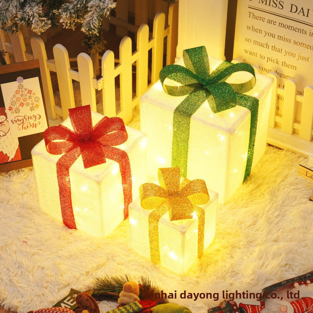 Cross-Border New Christmas Gift Box Three-Piece Set Foldable Glowing LED Light String Props Gift Box Ornament Decoration Light
