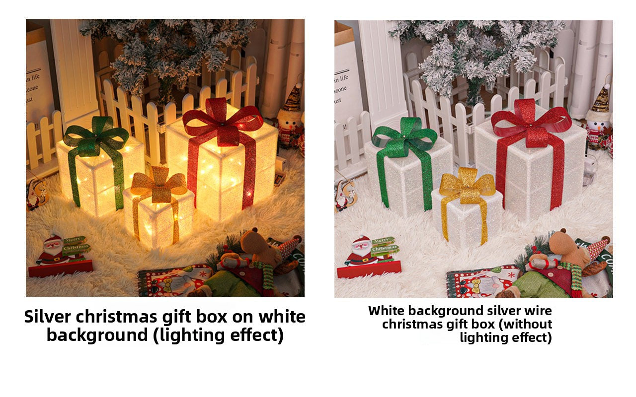 Cross-Border New Christmas Gift Box Three-Piece Set Foldable Glowing LED Light String Props Gift Box Ornament Decoration Light