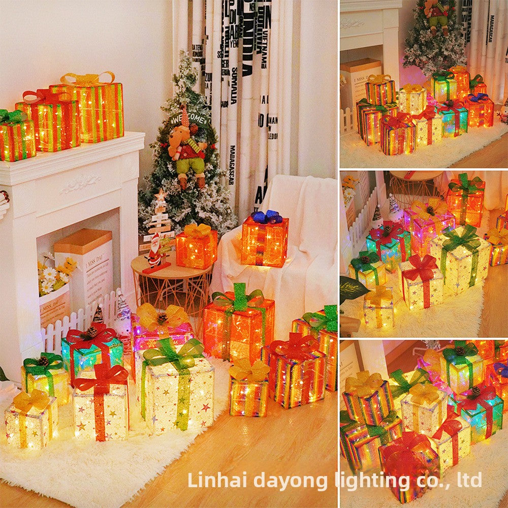 Cross-Border New Christmas Gift Box Three-Piece Set Foldable Glowing LED Light String Props Gift Box Ornament Decoration Light