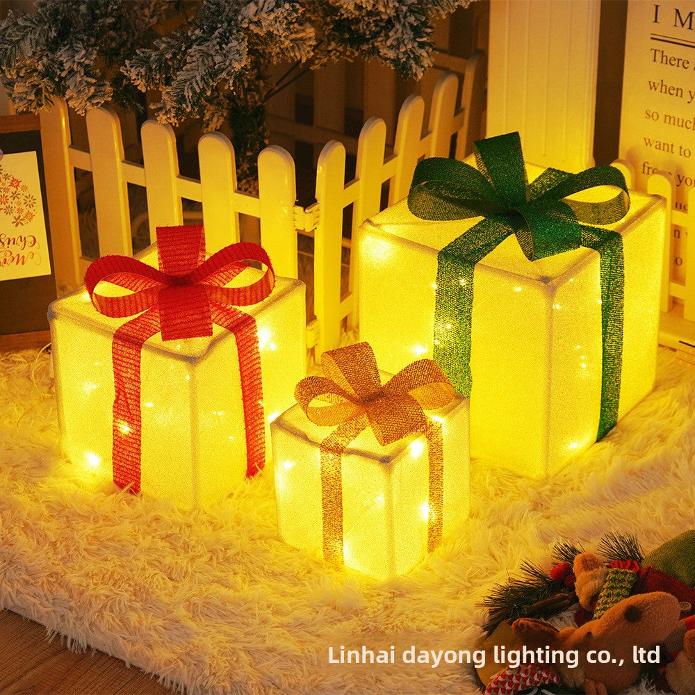Cross-Border New Christmas Gift Box Three-Piece Set Foldable Glowing LED Light String Props Gift Box Ornament Decoration Light