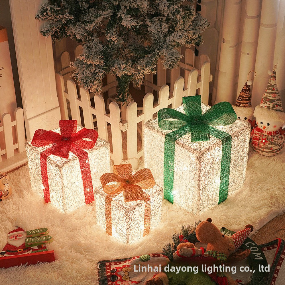 Cross-Border New Christmas Gift Box Three-Piece Set Foldable Glowing LED Light String Props Gift Box Ornament Decoration Light