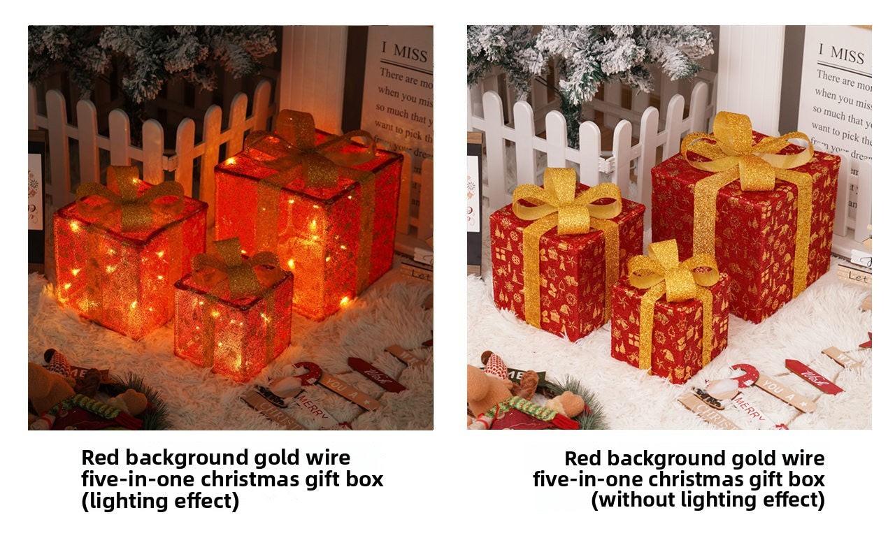 Cross-Border New Christmas Gift Box Three-Piece Set Foldable Glowing LED Light String Props Gift Box Ornament Decoration Light