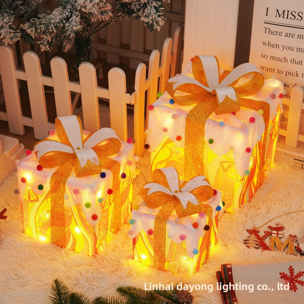 Cross-Border New Christmas Gift Box Three-Piece Set Foldable Glowing LED Light String Props Gift Box Ornament Decoration Light