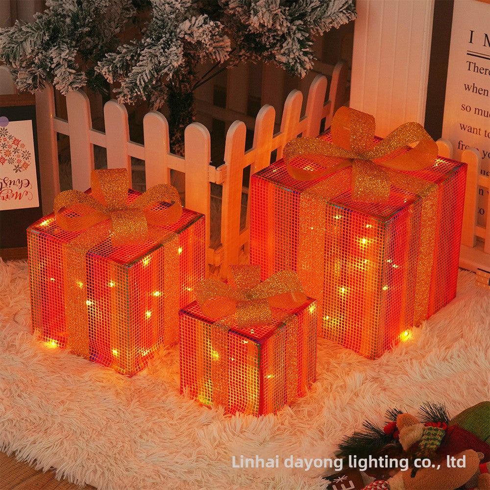 Cross-Border New Christmas Gift Box Three-Piece Set Foldable Glowing LED Light String Props Gift Box Ornament Decoration Light