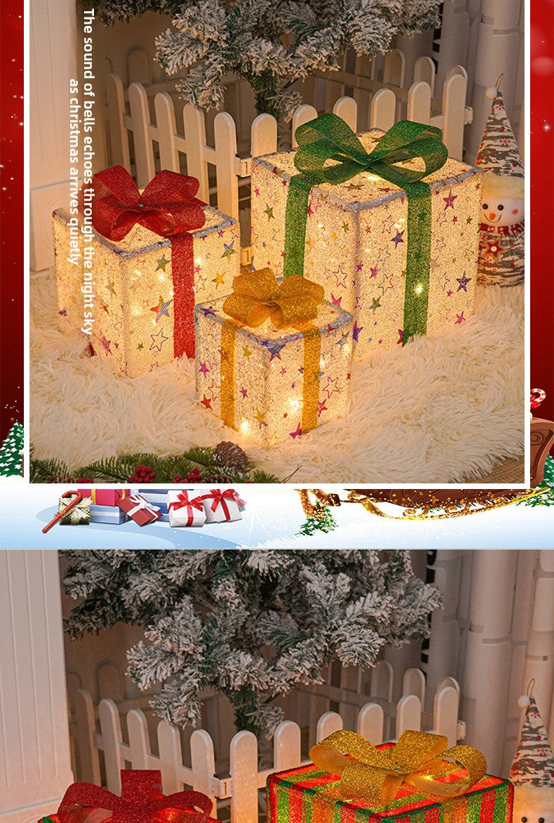 Cross-Border New Christmas Gift Box Three-Piece Set Foldable Glowing LED Light String Props Gift Box Ornament Decoration Light