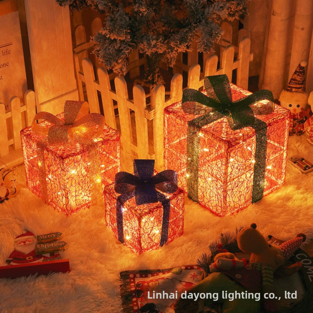 Cross-Border New Christmas Gift Box Three-Piece Set Foldable Glowing LED Light String Props Gift Box Ornament Decoration Light