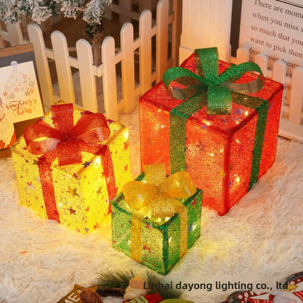 Cross-Border New Christmas Gift Box Three-Piece Set Foldable Glowing LED Light String Props Gift Box Ornament Decoration Light