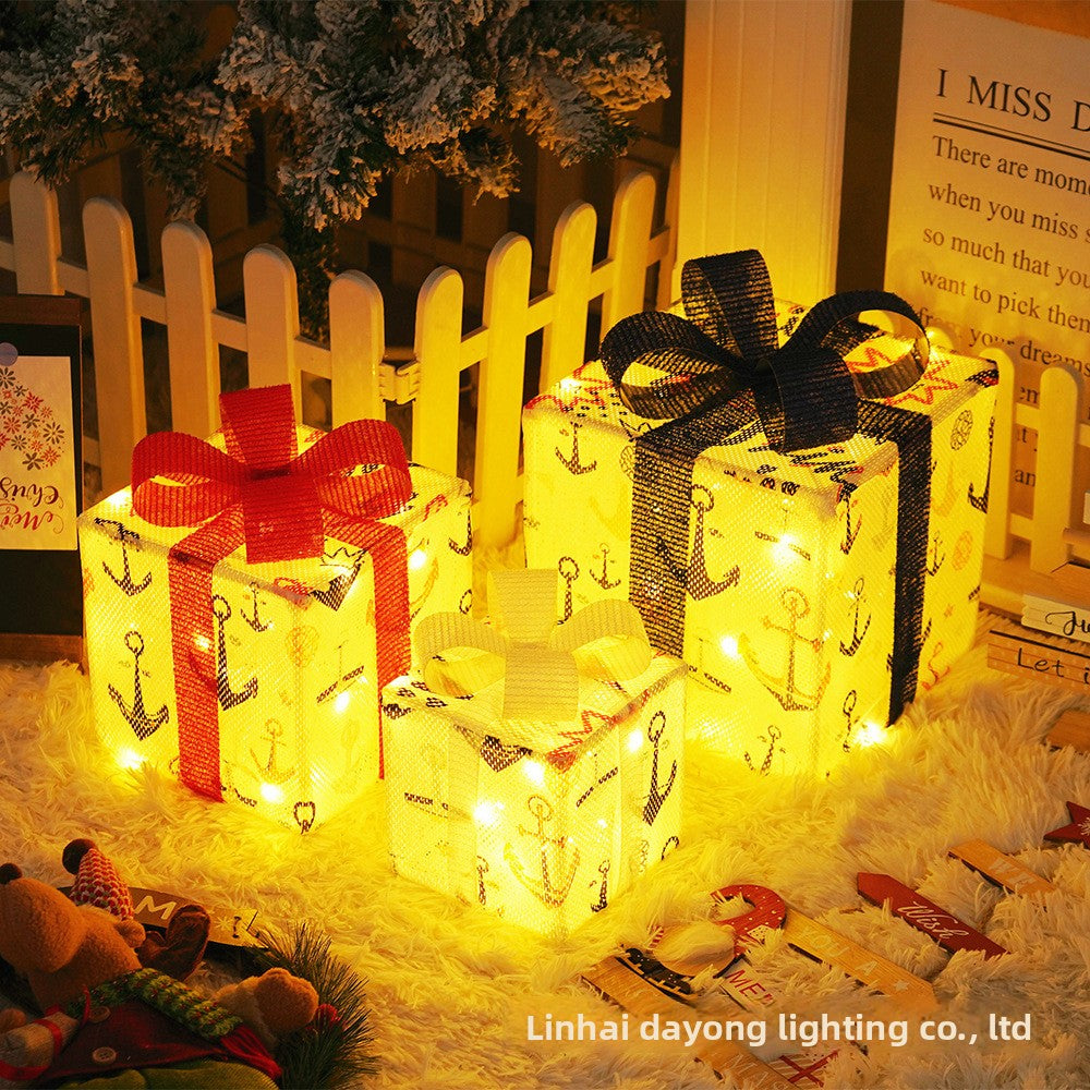 Cross-Border New Christmas Gift Box Three-Piece Set Foldable Glowing LED Light String Props Gift Box Ornament Decoration Light