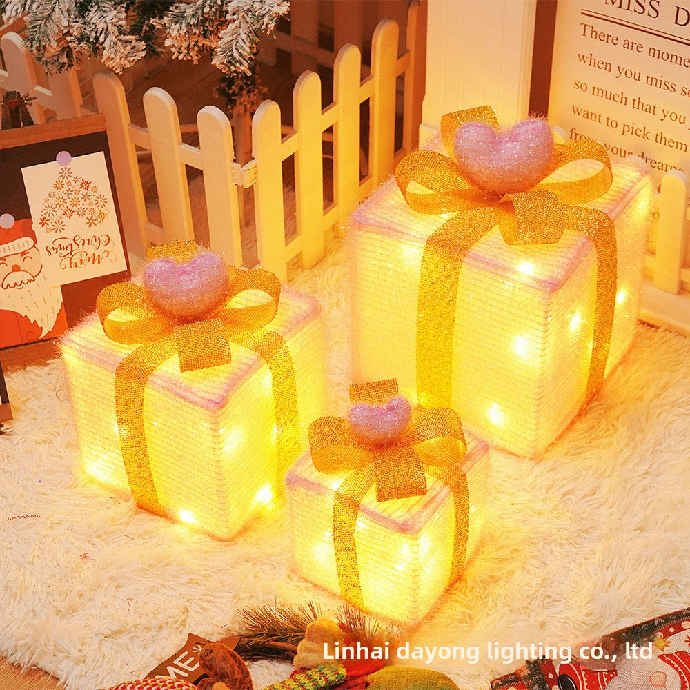 Cross-Border New Christmas Gift Box Three-Piece Set Foldable Glowing LED Light String Props Gift Box Ornament Decoration Light