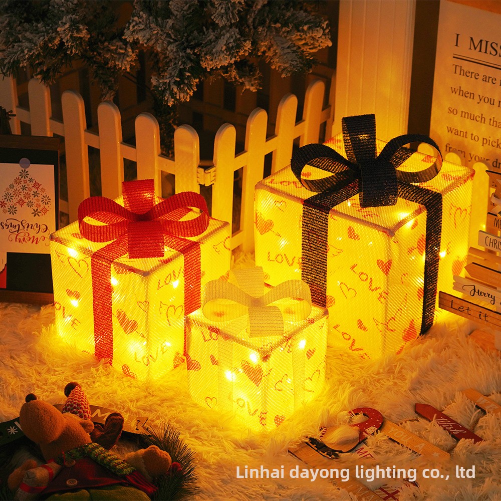 Cross-Border New Christmas Gift Box Three-Piece Set Foldable Glowing LED Light String Props Gift Box Ornament Decoration Light