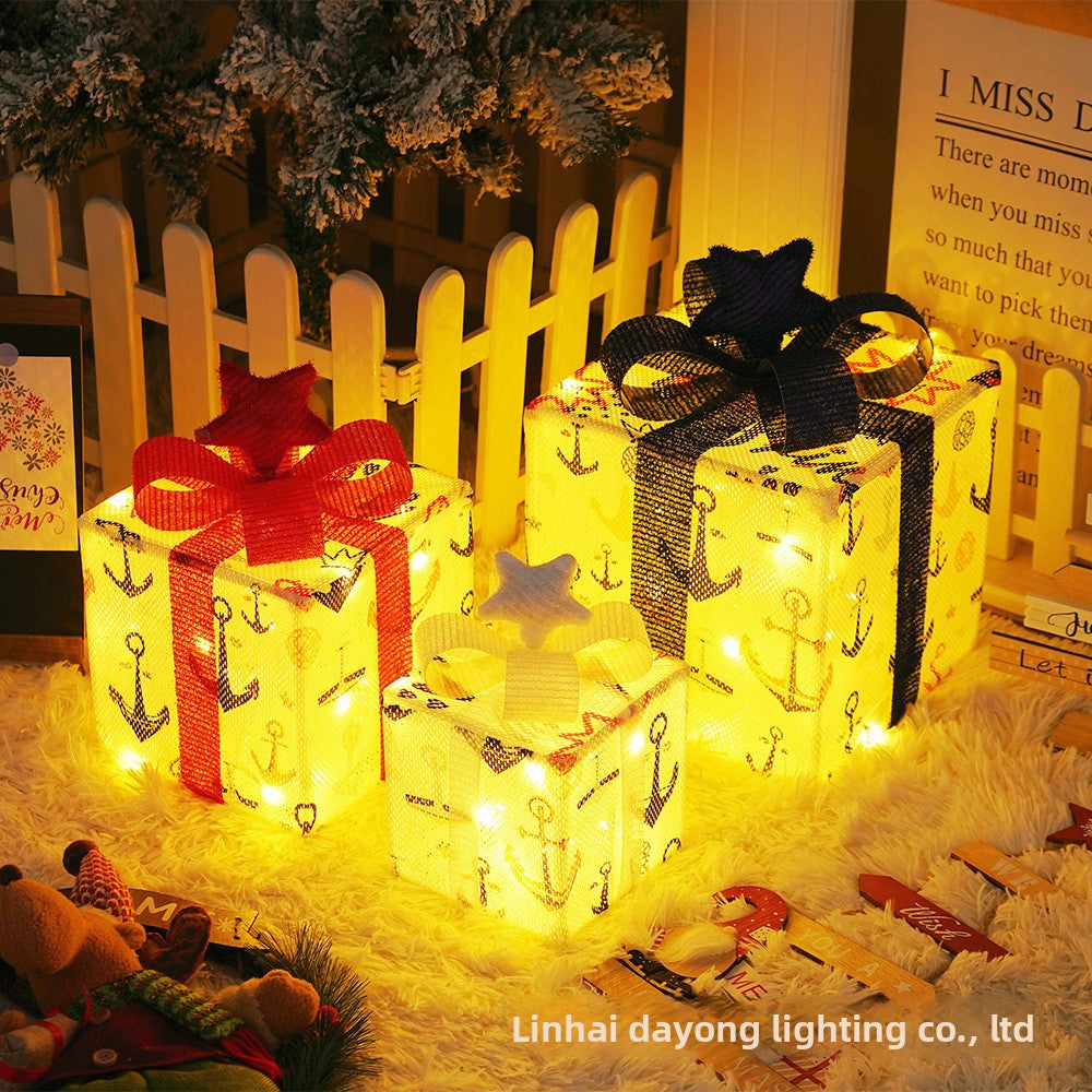 Cross-Border New Christmas Gift Box Three-Piece Set Foldable Glowing LED Light String Props Gift Box Ornament Decoration Light