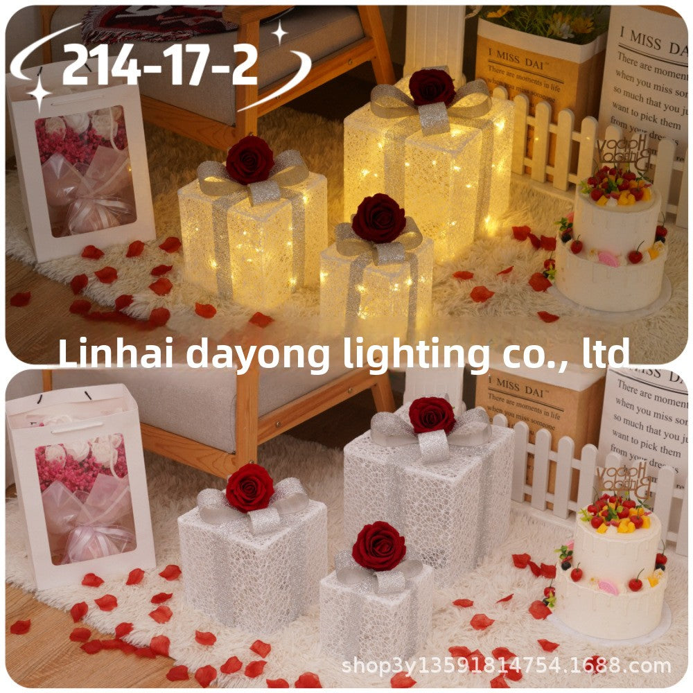 Cross-Border New Christmas Gift Box Three-Piece Set Foldable Glowing LED Light String Props Gift Box Ornament Decoration Light