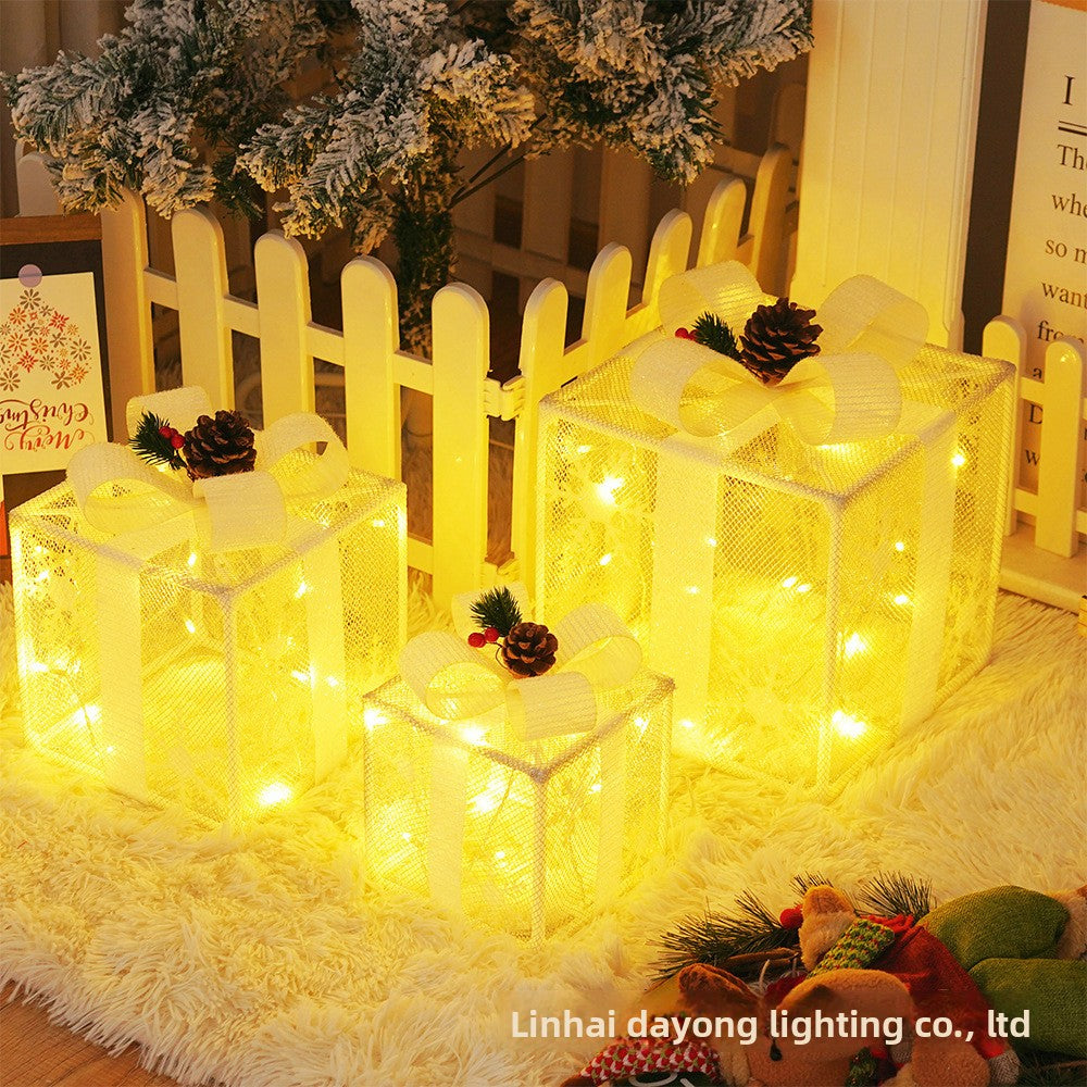 Cross-Border New Christmas Gift Box Three-Piece Set Foldable Glowing LED Light String Props Gift Box Ornament Decoration Light