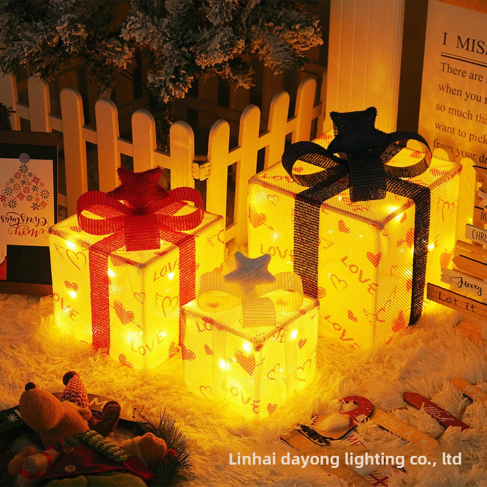 Cross-Border New Christmas Gift Box Three-Piece Set Foldable Glowing LED Light String Props Gift Box Ornament Decoration Light
