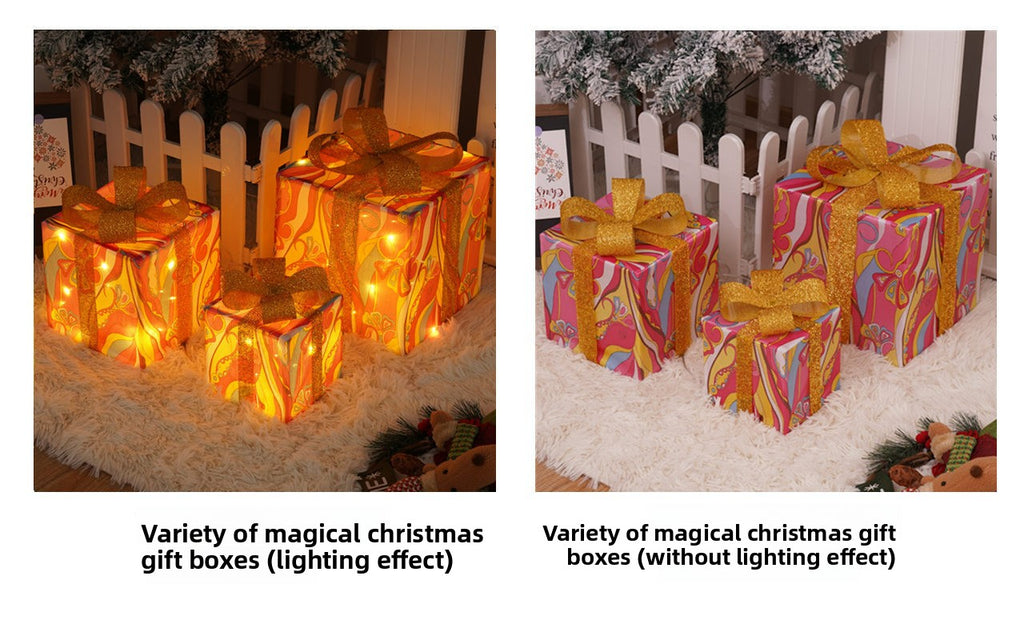 Cross-Border New Christmas Gift Box Three-Piece Set Foldable Glowing LED Light String Props Gift Box Ornament Decoration Light