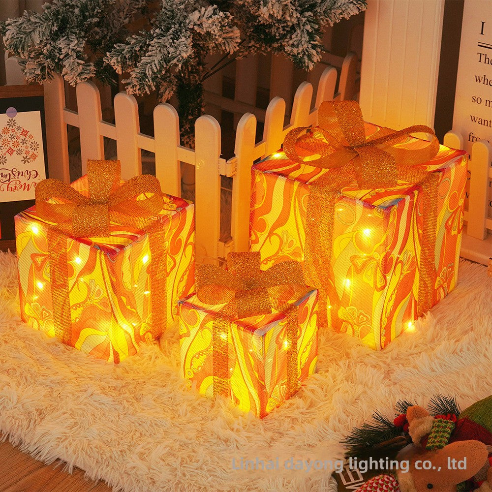 Cross-Border New Christmas Gift Box Three-Piece Set Foldable Glowing LED Light String Props Gift Box Ornament Decoration Light