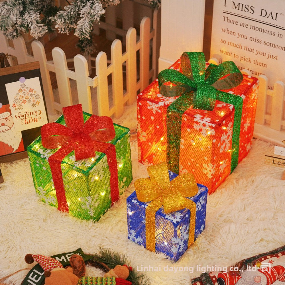 Cross-Border New Christmas Gift Box Three-Piece Set Foldable Glowing LED Light String Props Gift Box Ornament Decoration Light