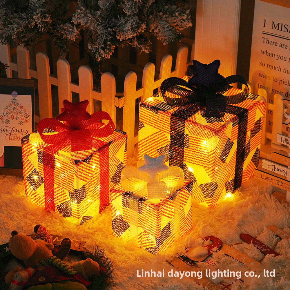 Cross-Border New Christmas Gift Box Three-Piece Set Foldable Glowing LED Light String Props Gift Box Ornament Decoration Light