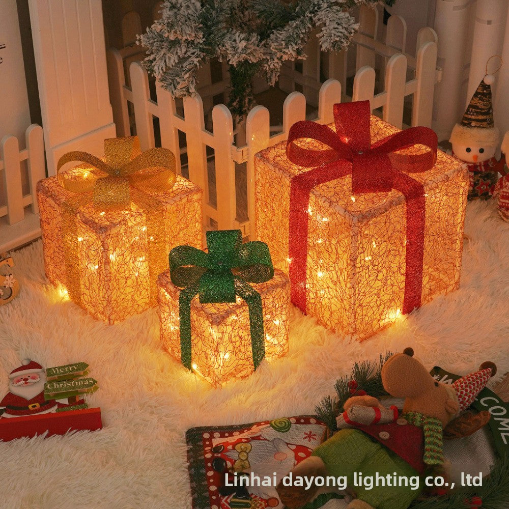 Cross-Border New Christmas Gift Box Three-Piece Set Foldable Glowing LED Light String Props Gift Box Ornament Decoration Light