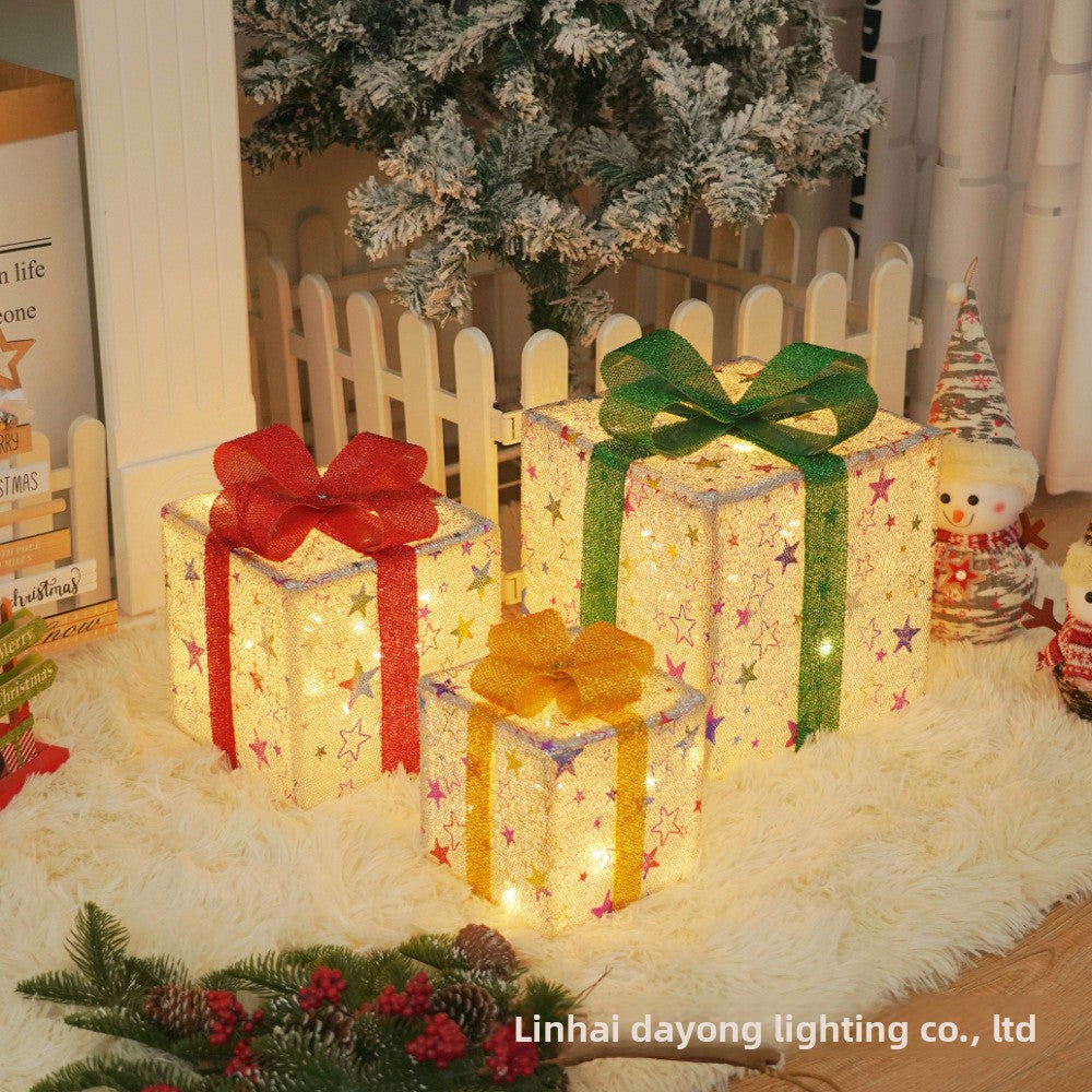 Cross-Border New Christmas Gift Box Three-Piece Set Foldable Glowing LED Light String Props Gift Box Ornament Decoration Light