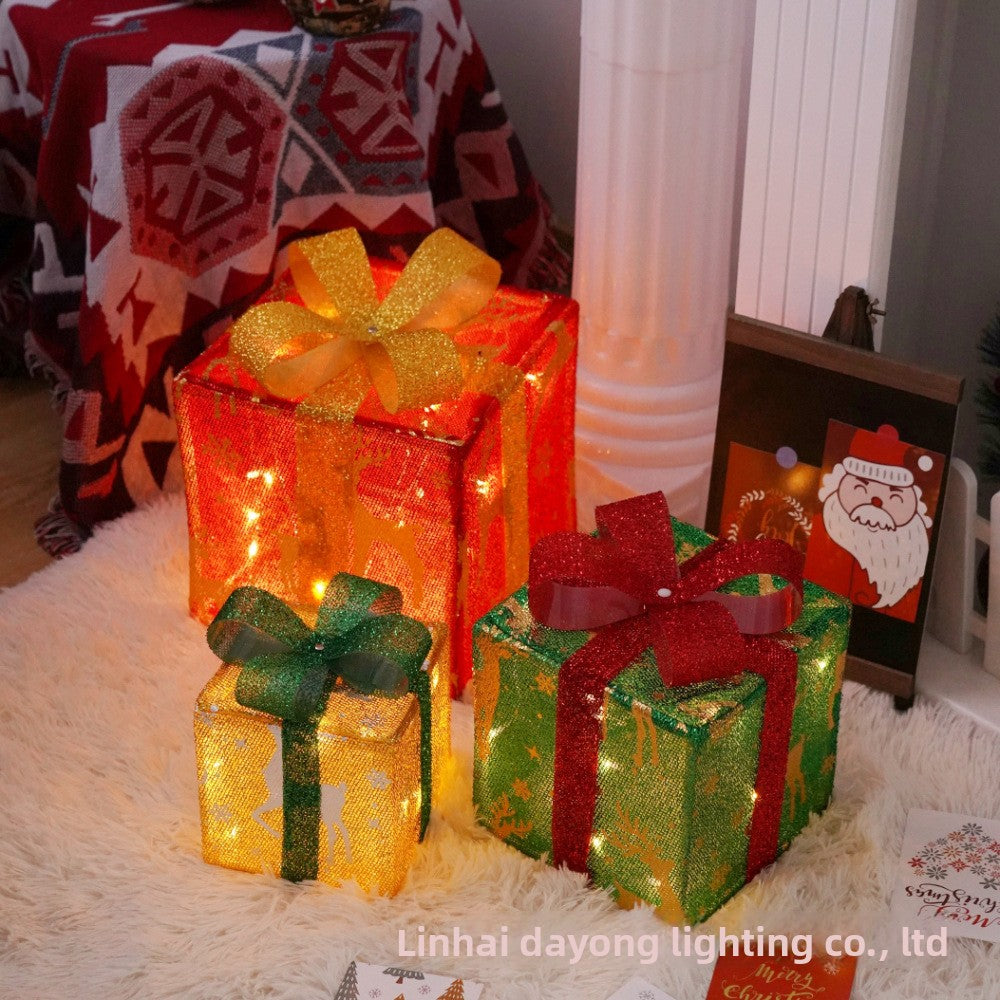 Cross-Border New Christmas Gift Box Three-Piece Set Foldable Glowing LED Light String Props Gift Box Ornament Decoration Light