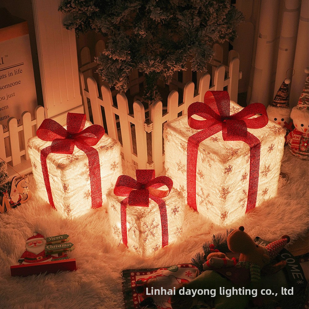 Cross-Border New Christmas Gift Box Three-Piece Set Foldable Glowing LED Light String Props Gift Box Ornament Decoration Light