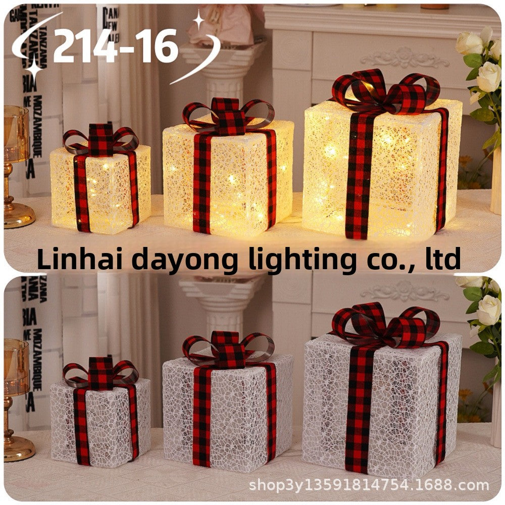 Cross-Border New Christmas Gift Box Three-Piece Set Foldable Glowing LED Light String Props Gift Box Ornament Decoration Light