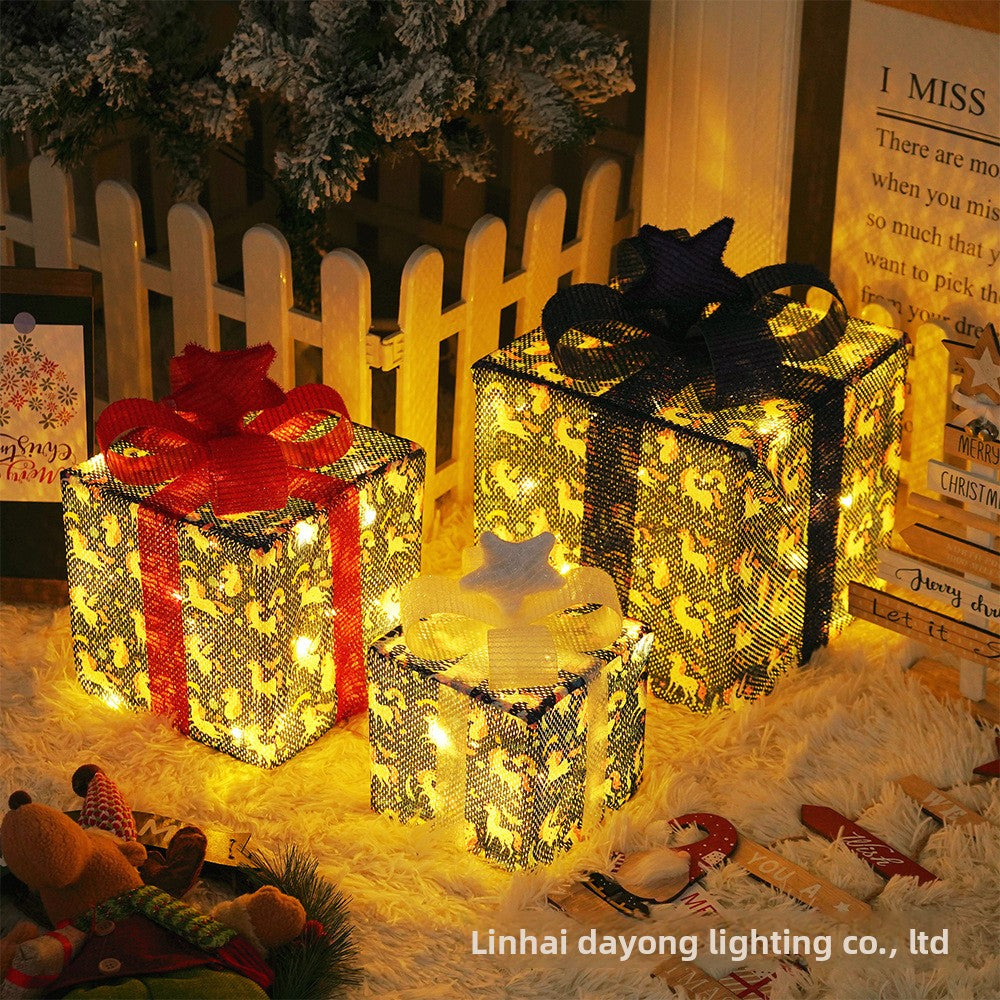 Cross-Border New Christmas Gift Box Three-Piece Set Foldable Glowing LED Light String Props Gift Box Ornament Decoration Light