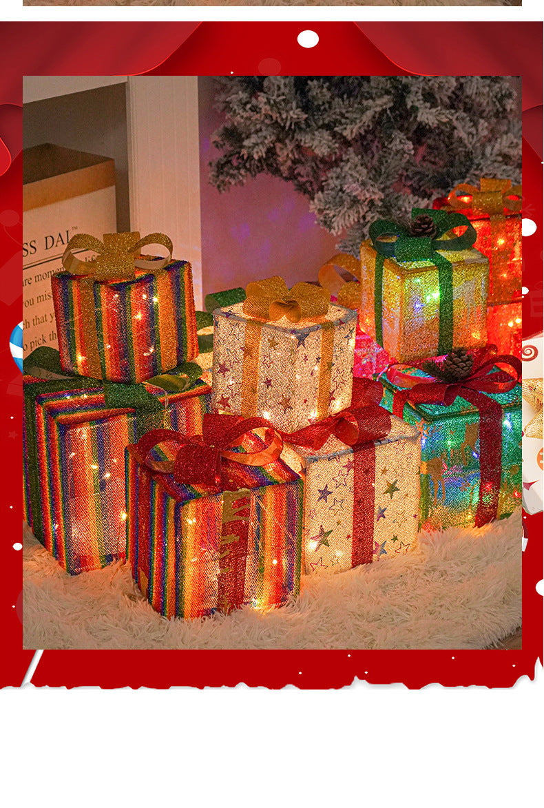 Cross-Border New Christmas Gift Box Three-Piece Set Foldable Glowing LED Light String Props Gift Box Ornament Decoration Light