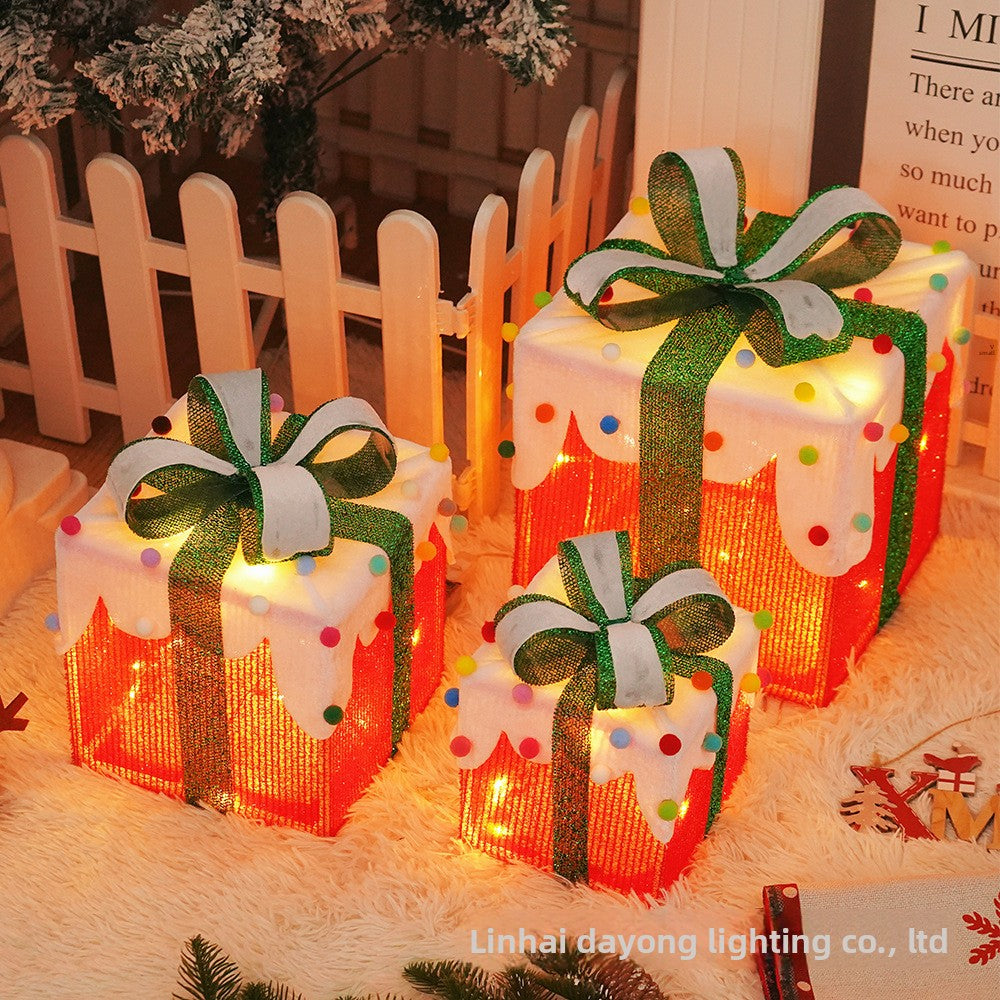 Cross-Border New Christmas Gift Box Three-Piece Set Foldable Glowing LED Light String Props Gift Box Ornament Decoration Light