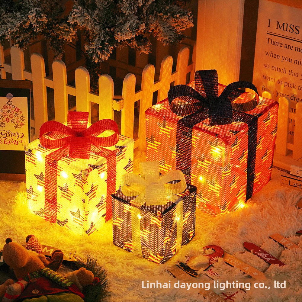 Cross-Border New Christmas Gift Box Three-Piece Set Foldable Glowing LED Light String Props Gift Box Ornament Decoration Light