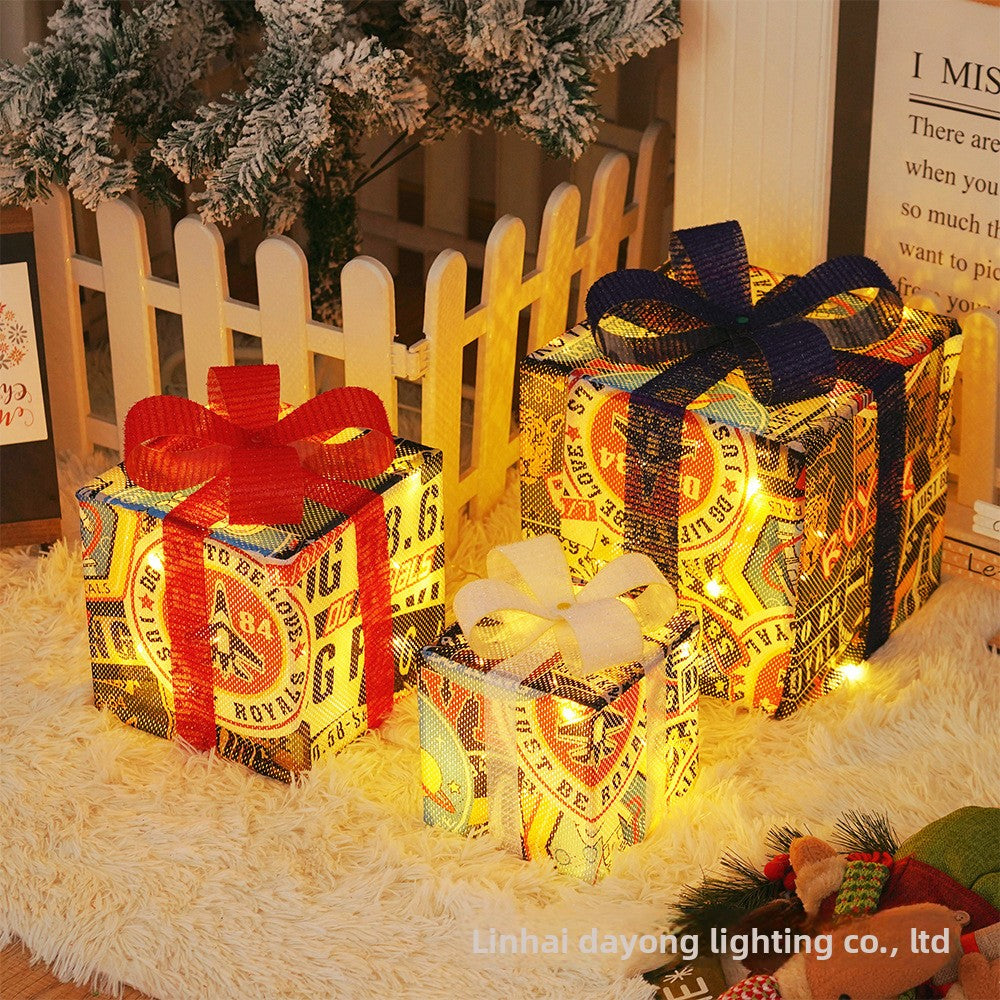 Cross-Border New Christmas Gift Box Three-Piece Set Foldable Glowing LED Light String Props Gift Box Ornament Decoration Light