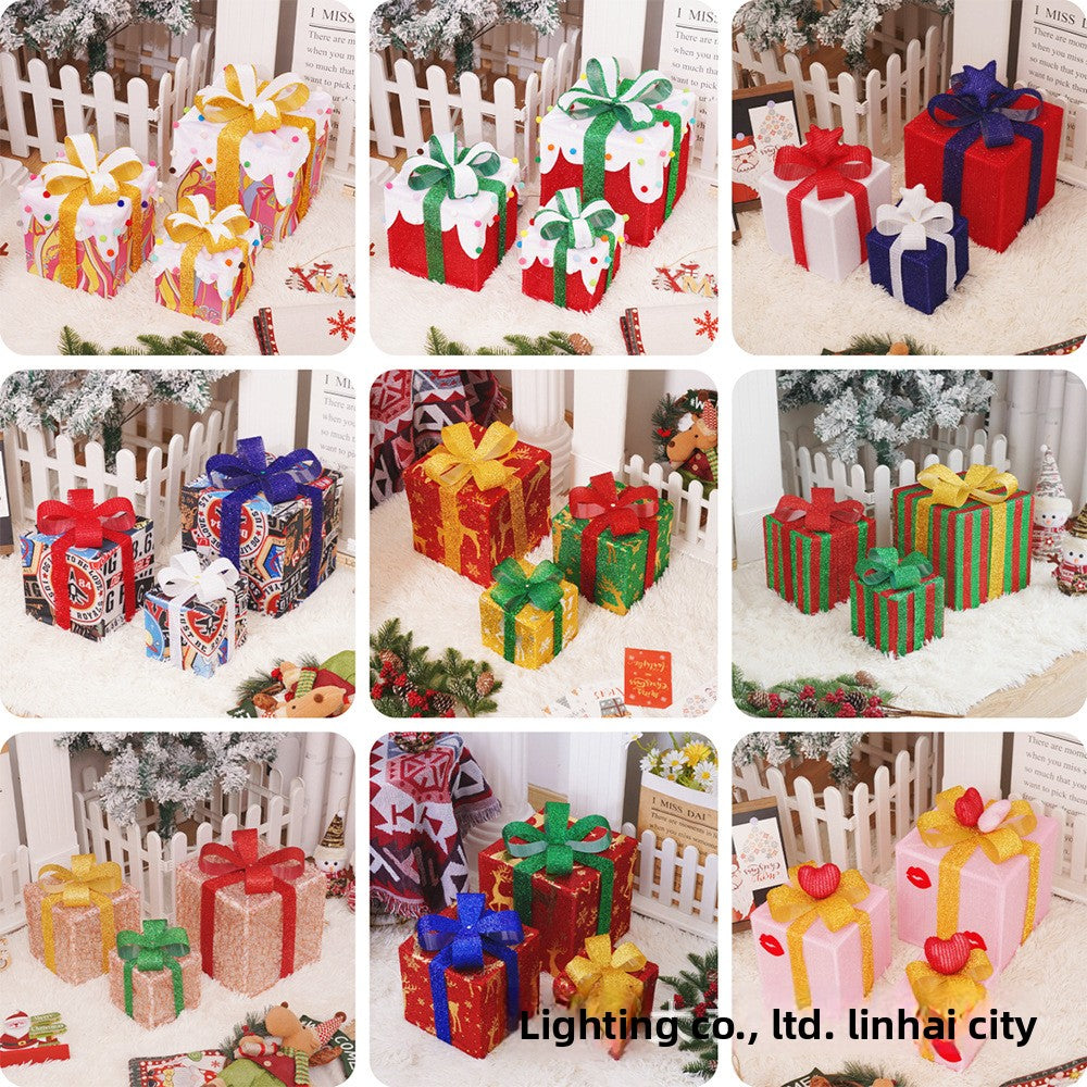 Cross-Border New Christmas Gift Box Three-Piece Set Foldable Glowing LED Light String Props Gift Box Ornament Decoration Light