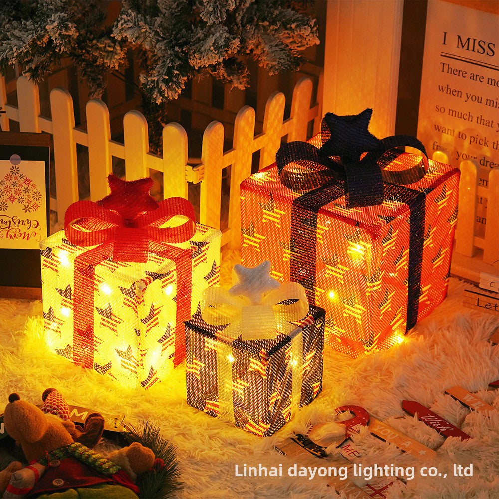 Cross-Border New Christmas Gift Box Three-Piece Set Foldable Glowing LED Light String Props Gift Box Ornament Decoration Light
